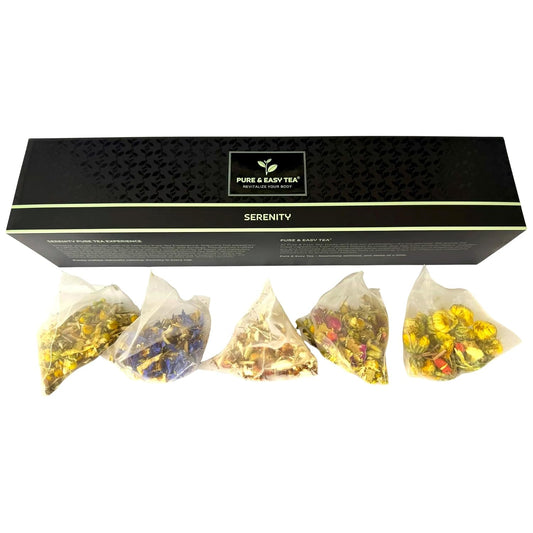 Pure And Easy Tea, Serenity Herbal Tea Flight Sampler, Whole-Leaf Caffeine-Free Variety, Designed to Restore Calm & Balance, BPA-Free Plant-Based Tea Bags, Premium Wellness Gift Box (49.5g)