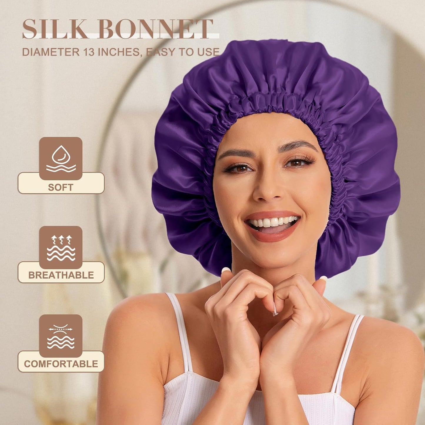 Satin Bonnet Silk Bonnet Hair Bonnet for Sleeping-Slouchy Beanie Hat Satin Sleep Cap for Women's Natural & Curly Hair(Blue Zircon)