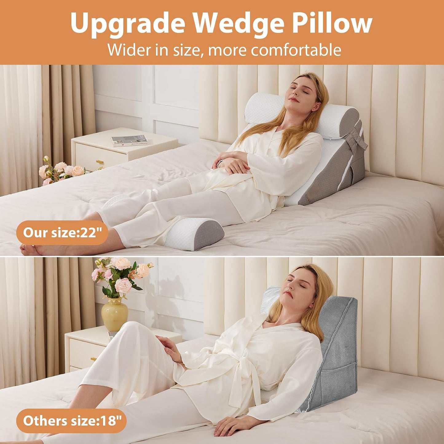 BIEEZZK Wedge Pillow Set for After Surgery, Wedge Pillow for Acid Reflux, Bed Wedge Pillow with Adjustable 9&12inch for Headboard,Sleeping, Orthopedic Memory Foam for Neck&Back Support, White/Grey