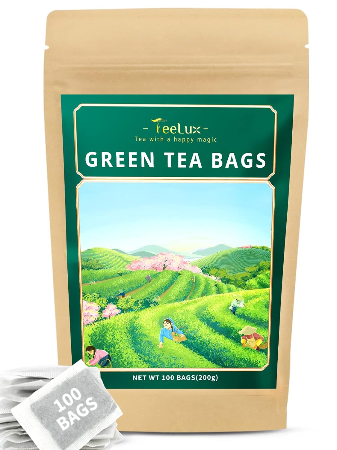TeeLux Green Tea Bags, Pure Green Tea, Super Antioxidant, Caffeinated 100ct