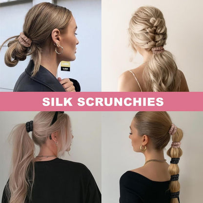 6Pcs Silk Hair Ties 100% Pure Mulberry Silk Scrunchies for Women Girls | No Hair Crease, Anti Frizz, Gentle Hold, No Damage, Black Brown Pink