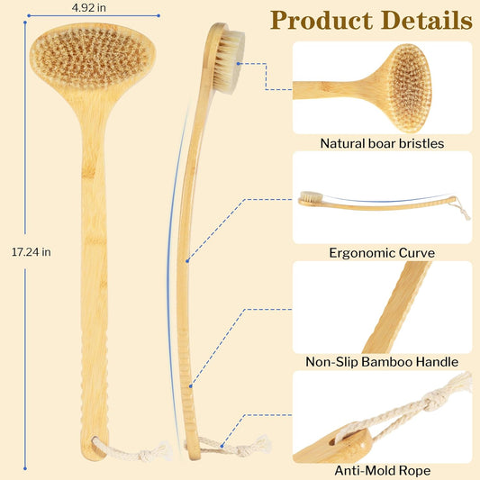 Bamboo Bath Brush with Curved Long Handle, Natural Bristle Back Scrubber for Shower, Exfoliating Body Brush for Wet or Dry Use, Anti-Slip Design for Gentle Deep Cleaning, Wood Color