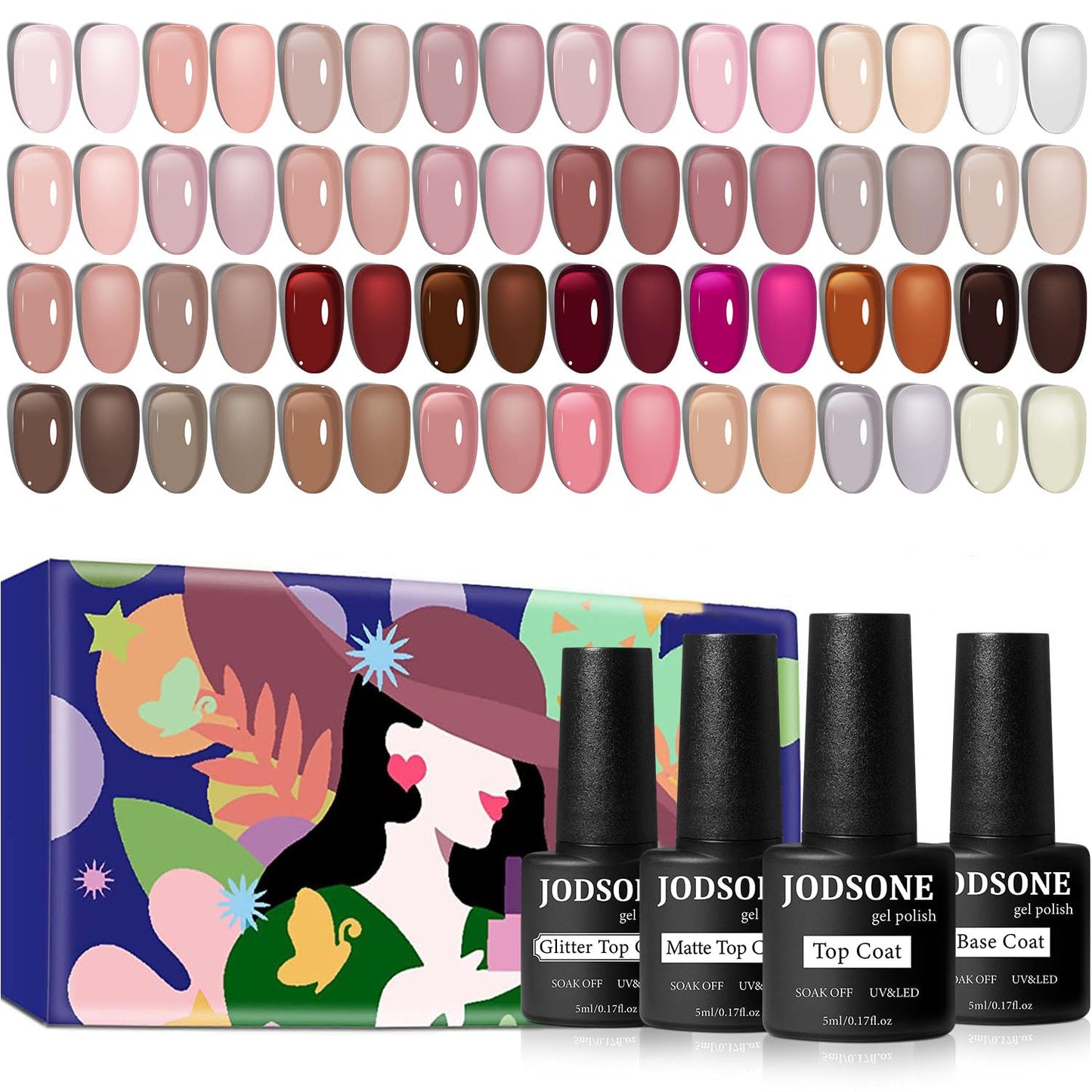 JODSONE Gel Nail Polish Kit 60 PCS with U V Light Soak off Base Top Coat 55 Shine Colors Gel Nail Kit Bright and Dark Brown Wine Red Series Manicure Set for Women and Girls