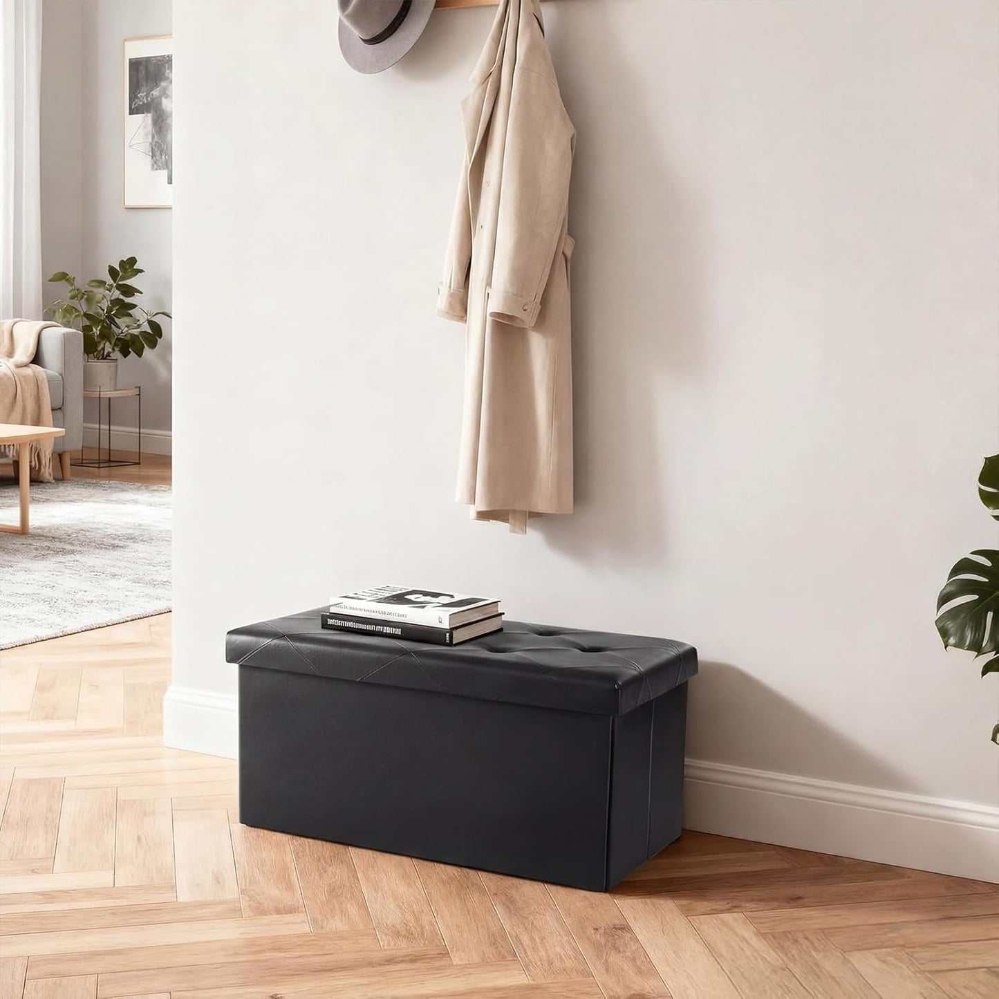 DUMOS 43 Inch Folding Storage Ottoman Bench, Large Hidden Storage Chest with Thicker Foam Padded Seat, End of Bed Foot Rest Stool for Bedroom Living Room Entryway, Load 660 lbs, Grey