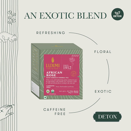 Luxmi Estates African Rose Organic Hibiscus Rose Tea (25 Tea Bags) Caffeine Free Tea Bags For Detox, Cleansing, and Digestion, With Certified Organic Herbal Tea | Direct From Source - Plant Based Biodegradable Tea Bags