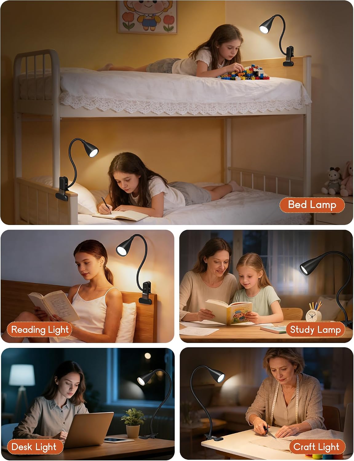 Reading Light for Book in Bed, Clip on Light Reading Lamp with Adapter, 5 Color Modes 10 Brightness, 360° Flexible Eye-Caring Clip on Desk Lamp Book Light for Reading in Bed Headboard Bedside Bedroom