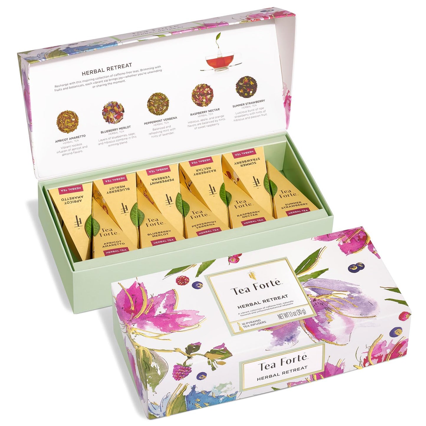 Tea Forte Premium Petite Presentation Box Gift Set Sampler, 10 Count, 2 of Each Blend Individually Wrapped Handcrafted Pyramid Infuser Bags, Demoiselle Tea