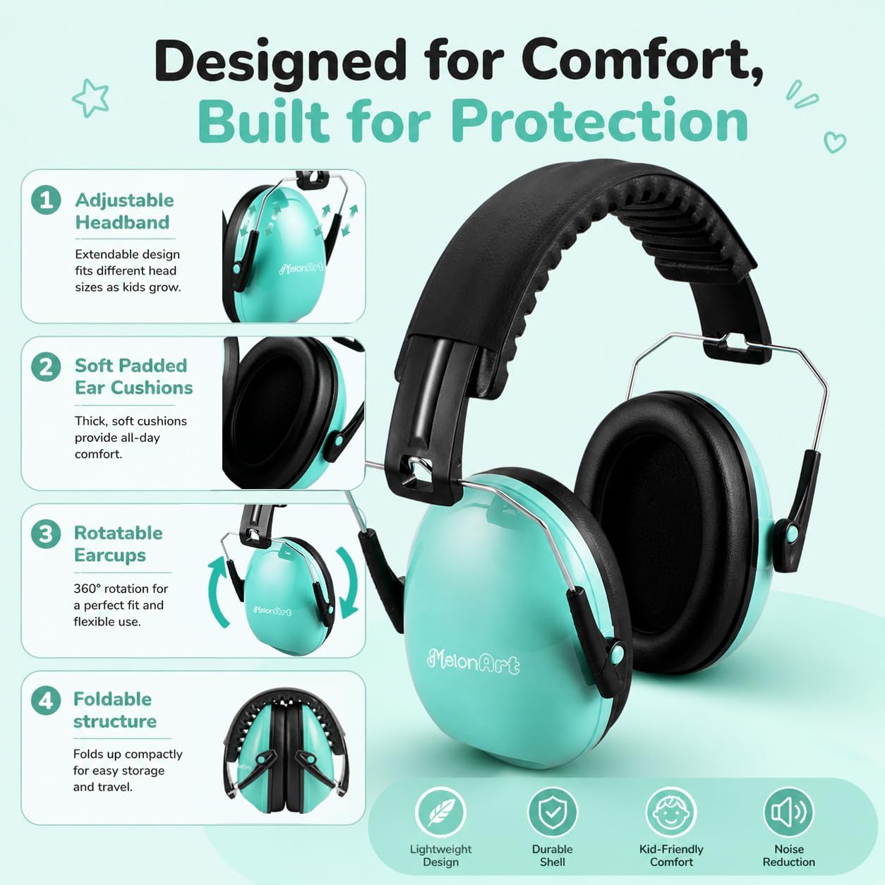 MelonArt Kids Ear Protection Ear Muffs Noise Cancelling Headphones for Kid Toddler Adult Autism Sensory, 27dB Noise Reduction Earmuffs Hearing Safety for Shooting Monster Truck Concert Fireworks