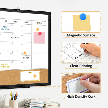 Dry Erase Calendar Whiteboard for Wall, 24"x18" Magnetic Monthly White Board Cork Board Combo, Double Sided, Aluminum Frame, Wall Hanging Wipe Board for Home, Office, School, Dorm