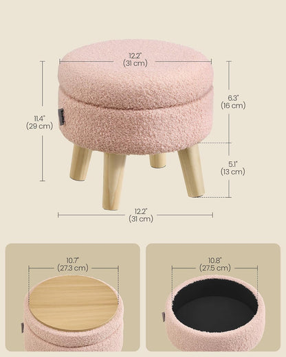 SONGMICS Storage Ottoman, Foot Stool, Ottoman with Padded Seat, Foot Rest with Wood Legs, Small Table, for Hallway, Living Room, 11.8 x 15.7 x 11.4 Inches, Teddy Fleece, Cream White ULOM518WD01