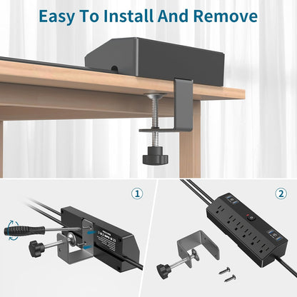 Desk Clamp Power Strip 10FT, 40W Total Fast Charging Station, Black