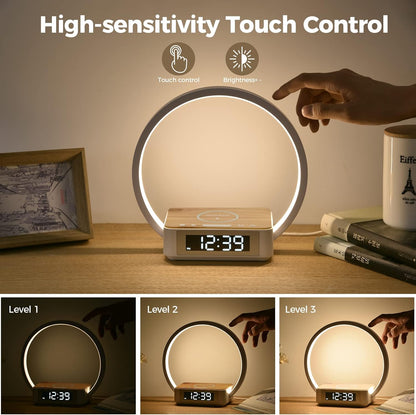 Sunrise Alarm Clock with Wireless Charging Desk Touch Lamp 3 Level Dimmable Wake-up Light Bedside Lamps for Bedroom Living Room,Sunrise Lamp with 10 Natural White Noise Sound 30/60/90 Mins countdown