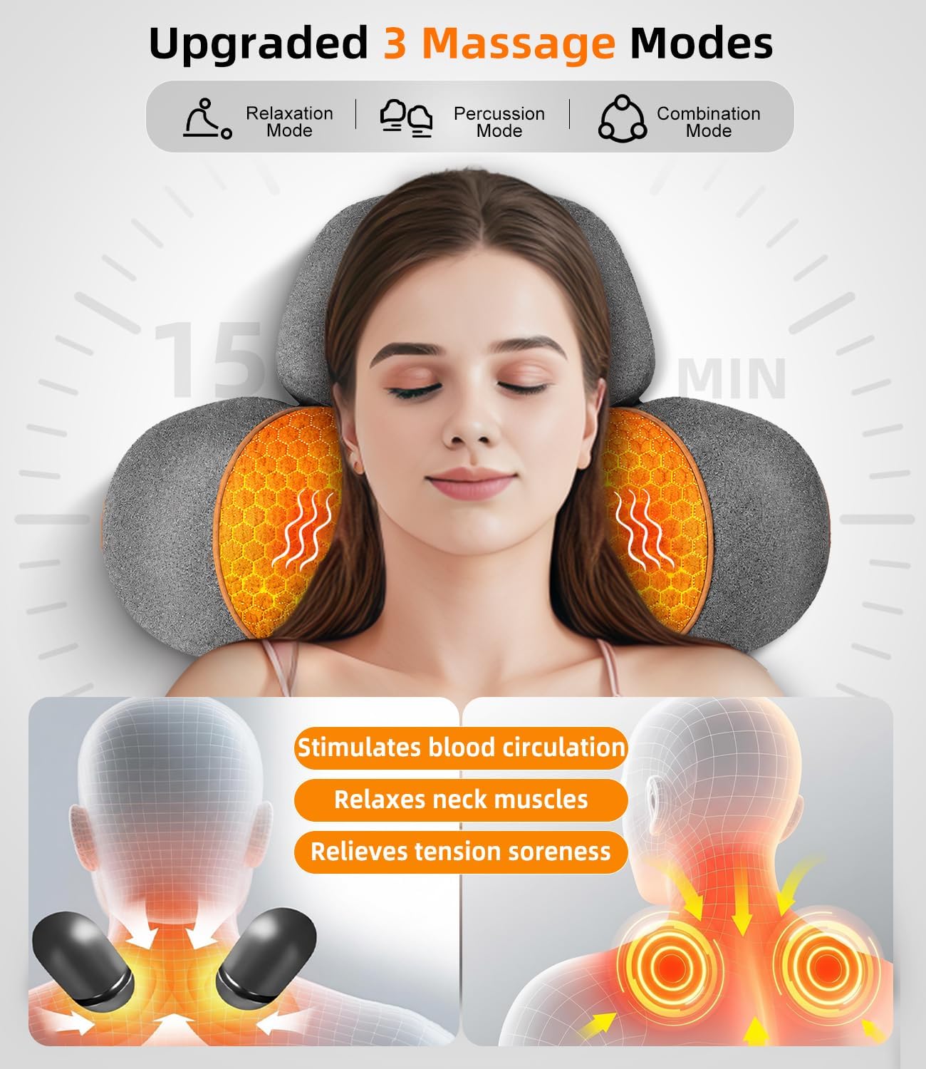 Upalled Cordless Heated Neck Massager Pillow for Pain Relief Deep Tissue, 3-in-1 Rechargeable Neck Cervical Traction Device with Heat, Massage, Electric Stretch, Ergonomic Shoulder Relaxer,Grey