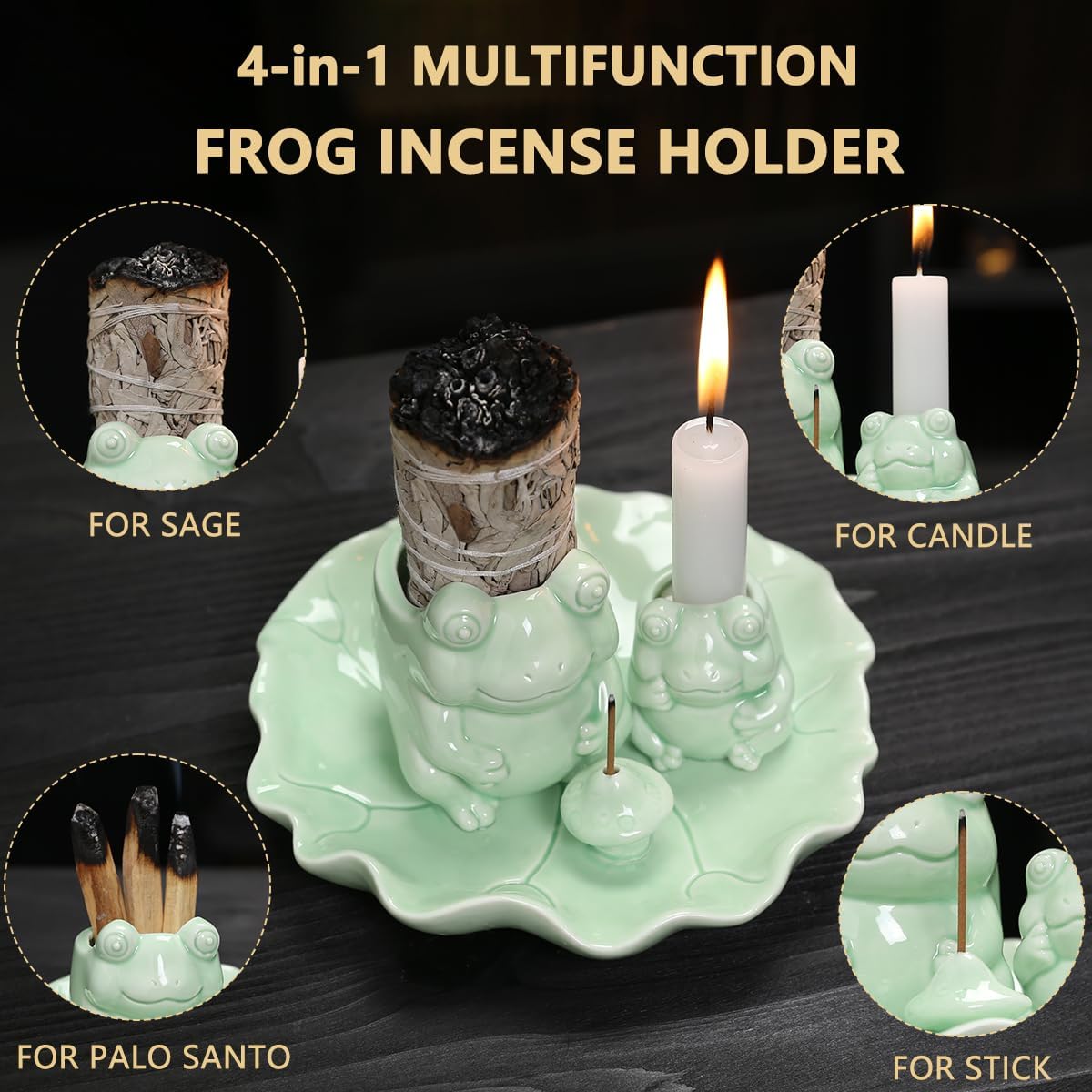 ChangWanna Frog Incense Stick Holder - Ceramic Insence Burner Ash Catcher, Insense Stand with 45 Sandalwood Sticks, Ornament for Aromatherapy/Yoga/Meditation/Home Living Room Office Decor