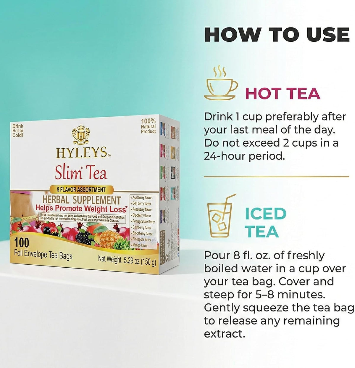 HYLEYS Slim Tea, 9 Flavor Weight Loss Variety Pack, Diet Tea, 100 Bags