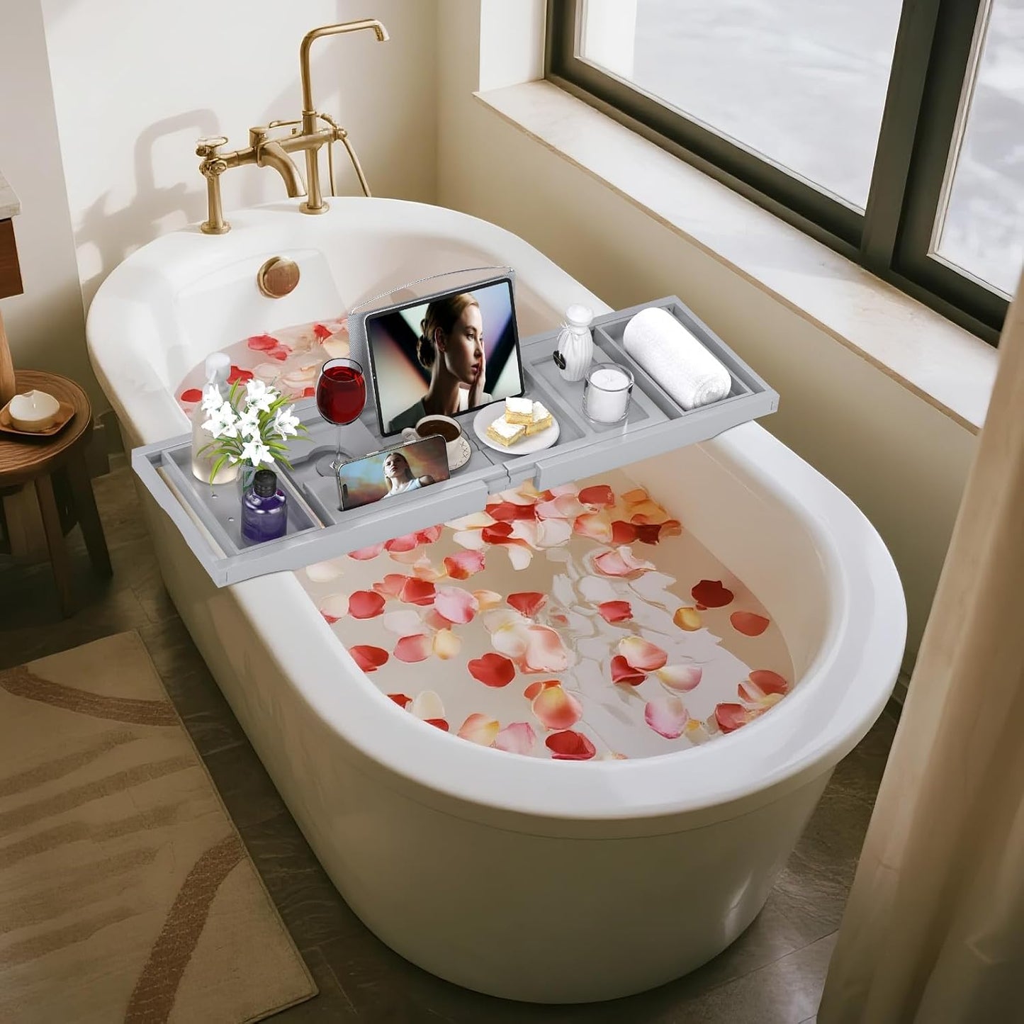 Foldable Bamboo Bathtub Caddy Tray Expandable for Luxury Bath, Bath Accessories & Table with Wine Glass Holder, Book Stand Bathroom Organizer with Extending Sides for Men/Women