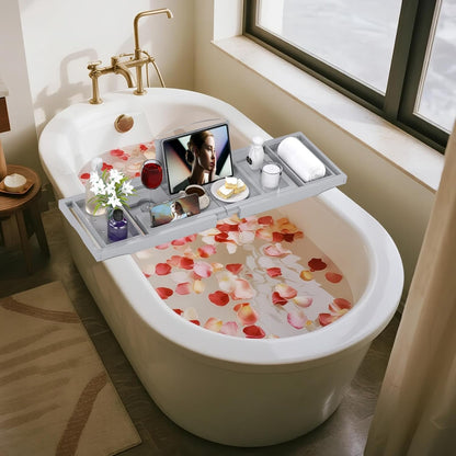 Foldable Bamboo Bathtub Caddy Tray Expandable for Luxury Bath, Bath Accessories & Table with Wine Glass Holder, Book Stand Bathroom Organizer with Extending Sides for Men/Women