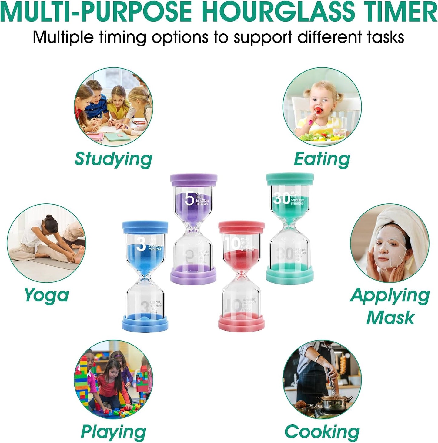 Sand Timer for Kids 6 Pack Colorful Hourglass 1min 2mins 5mins 10mins 15mins 30mins Sand Clock Timer for Classroom, Games and Kids Room