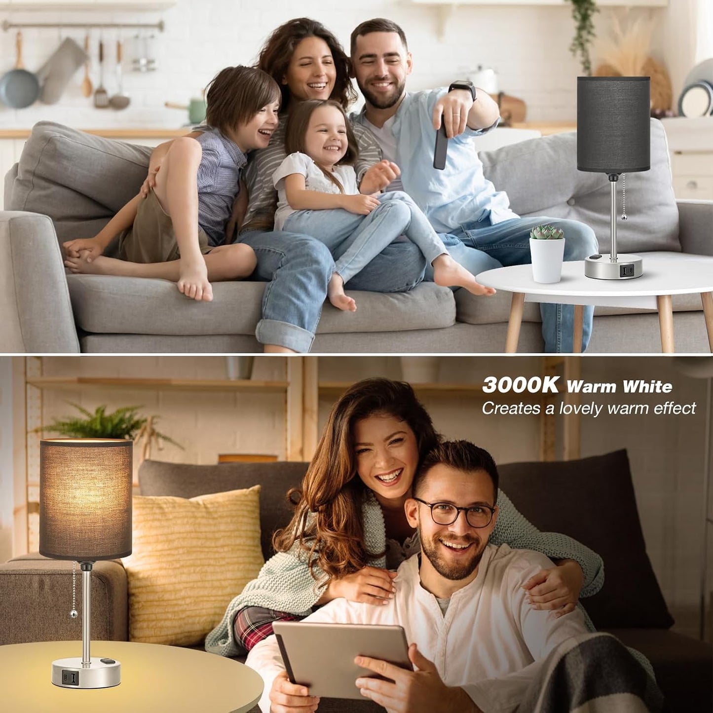 Small Bedside Table lamp for Bedroom - 3 Color Temperatures Bedside Lamps with USB C and A Ports, Pull Chain Table Lamps with AC Outlet, White Nightstand Lamps with Black Metal Base for Kids Reading