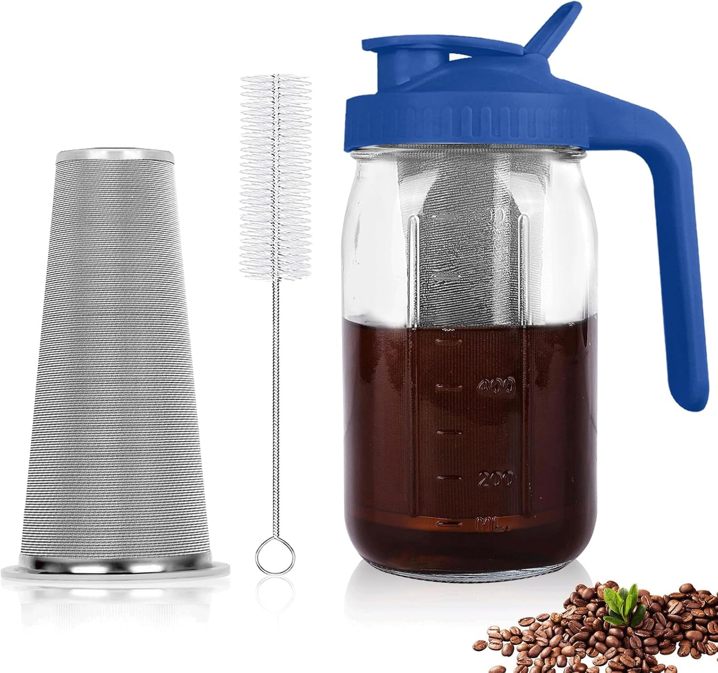 Cold Brew Coffee Maker,64 oz Mason Jar Pitcher with Stainless Steel Filter, Pour Spout Handle Lid, Heavy Duty Glass Airtight & Leak-Proof for Iced Coffee,Tea & Lemonade
