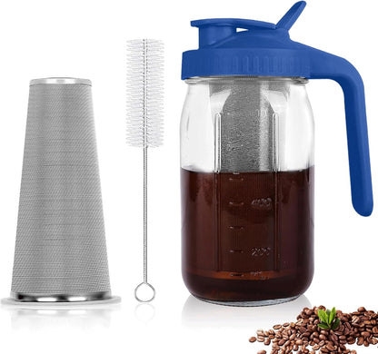 Cold Brew Coffee Maker,64 oz Mason Jar Pitcher with Stainless Steel Filter, Pour Spout Handle Lid, Heavy Duty Glass Airtight & Leak-Proof for Iced Coffee,Tea & Lemonade