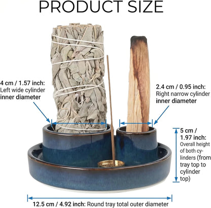 4 in 1 Ceramic Incense Holder, Multi-Function Incense Stick Palo Santo Sage Burner, Ash Catcher Tray for Meditation Yoga Room, Blue, 4.25 Inch