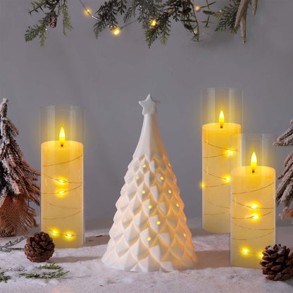 24 Pcs LED Flameless Candles with Remote, 3D Flickering Flame & LED String Lights, Acrylic Clear Cylinder, Timer Function, Romantic Ambience for Home Decor, Party, Wedding (Ivory).