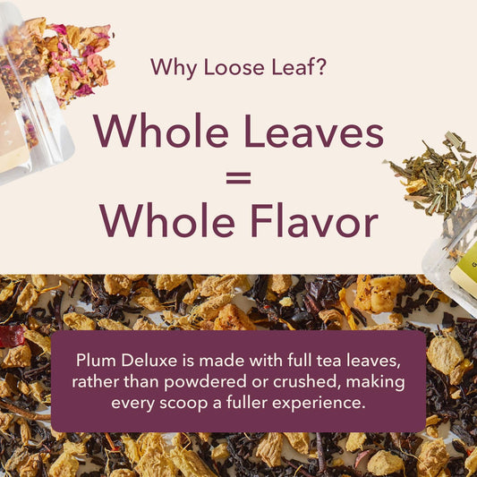 Herbal Tea Sampler – 5 Caffeine-Free Loose Leaf Blends for Sleep and Relaxation, Fruity and Dessert-Inspired Flavors, 75 to 100 Cups – Handcrafted in USA – Plum Deluxe