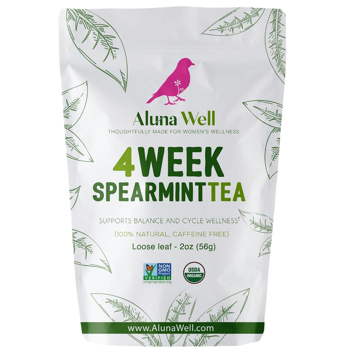 Aluna Well Organic Spearmint Tea – Supports Hormonal Balance and Wellness for Women, 4 Week Loose Leaf Herbal Tea, Caffeine-Free, 2 oz