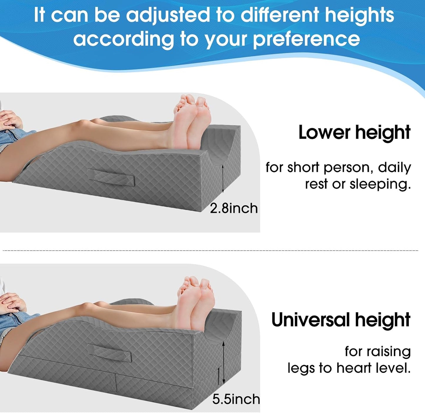 TranquilRelax Elevation Pillows for Leg After Surgery, Memory Foam Adjustable Wedge Pillow for Injury or Rest, Ankle Pillow for Sleeping Blood Circulation, Grey/Single Leg