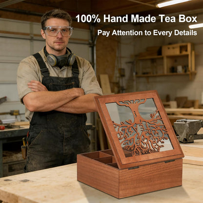Wood Tea Box Organizer,Tea Organizers and Storage with Tree Pattern,Tea Bag Holder,Decorative Tea Storage Organizer Box,9 Compartments Tea Organizer for Tea Bags Coffee