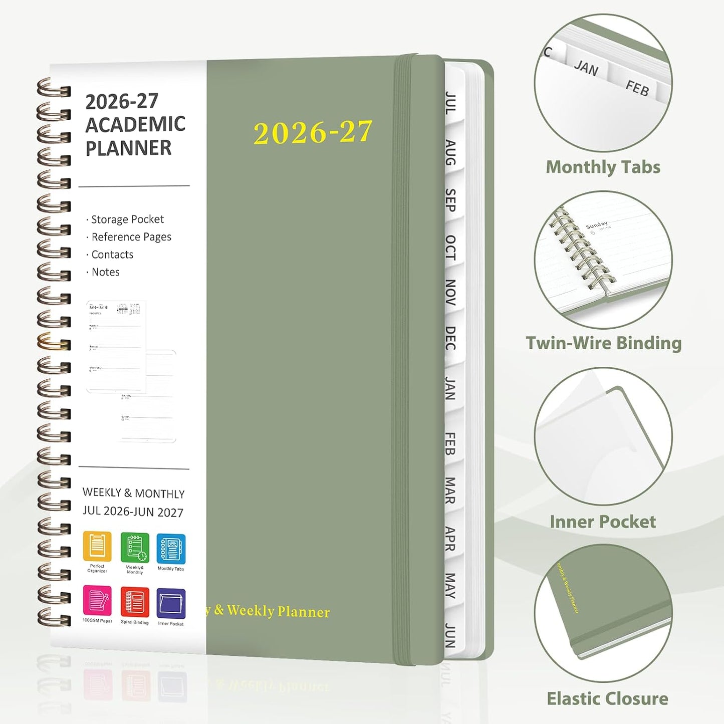 Planner 2026-2027, Weekly and Monthly Calendar Planner, JUL 2026 - JUN 2027 | Academic Year, Daily Agenda Book, A5(6.3'' x 8.5''), Sprial Bound, Inner Pocket, Office School Use