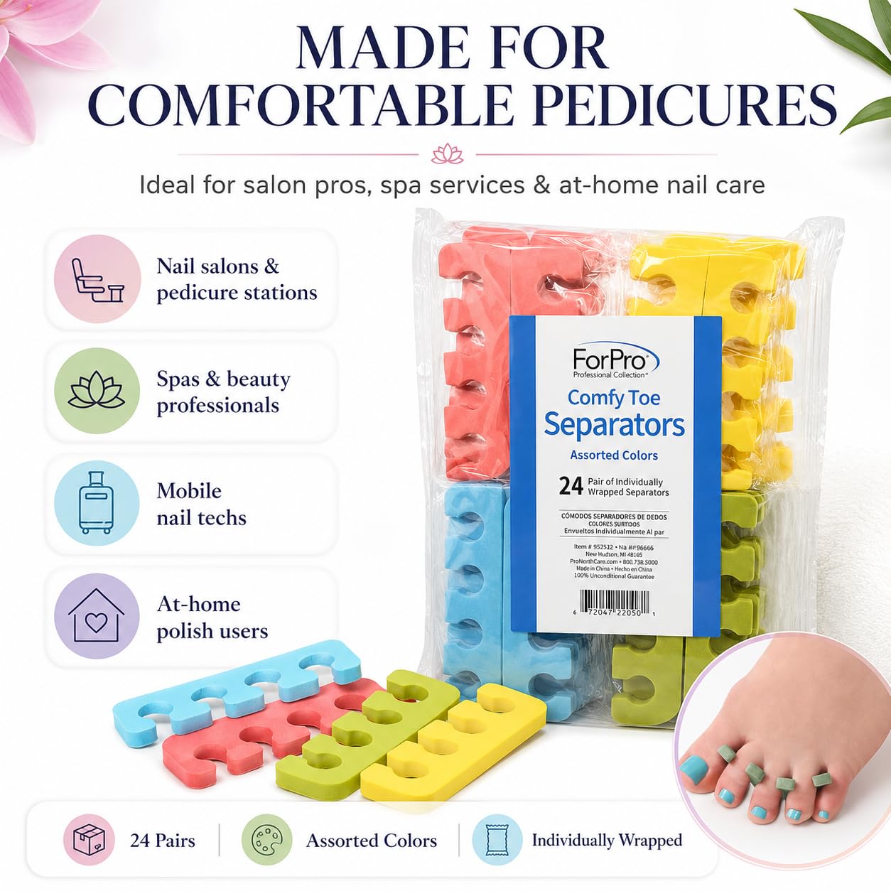 ForPro Professional Collection Comfy Toe Separators, White, Pedicure, 1" W x 3.5" L, 100-Pairs