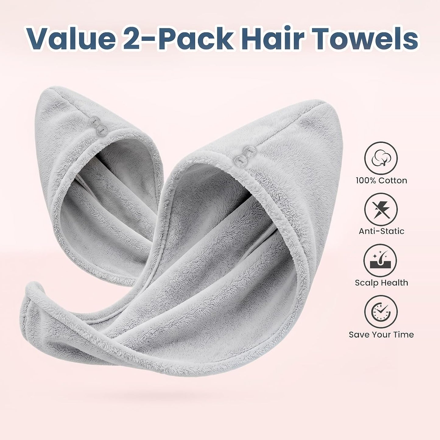Mandydov 100% Cotton Hair Towel Wrap for Women, 2 Pack Thickened & Super Absorbent Turbans, Anti Frizz Quick Dry Hair Towels (Blue, Pink Blush)