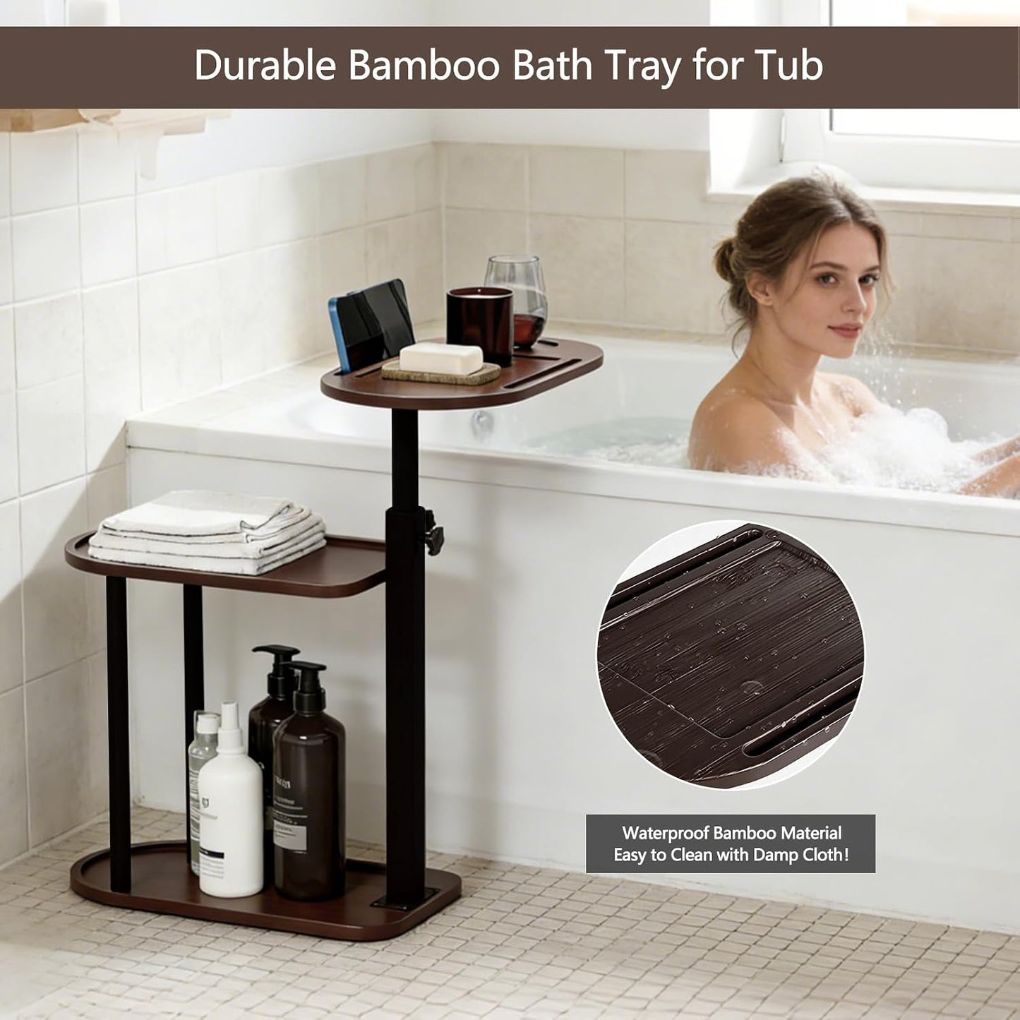 3 Layer Bathtub Tray Table,Bamboo Swivel Bathtub Side Table Height Adjustable,Freestanding Bathtub Tray for Tub Against Wall,Bathtub Accessories&Bathroom Organizer for Luxury Home Spa (Black)