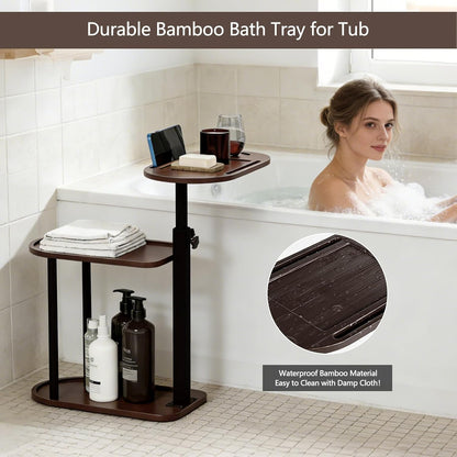 3 Layer Bathtub Tray Table,Bamboo Swivel Bathtub Side Table Height Adjustable,Freestanding Bathtub Tray for Tub Against Wall,Bathtub Accessories&Bathroom Organizer for Luxury Home Spa (Black)