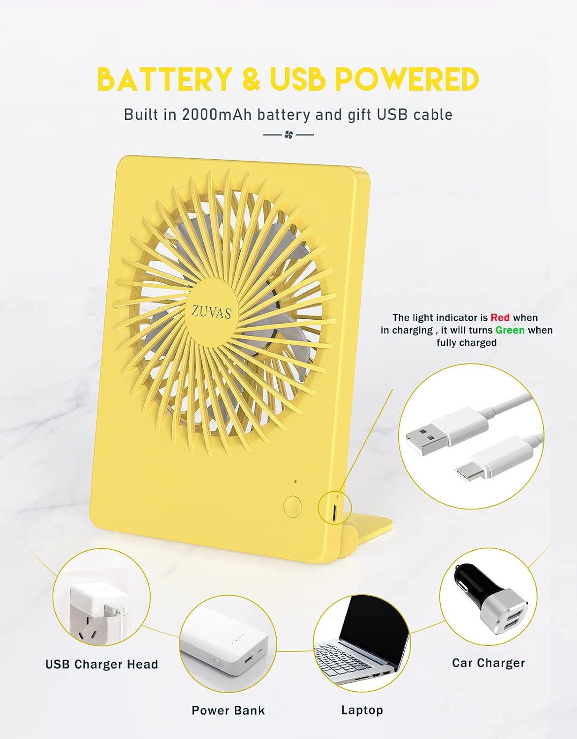 Zuvas Desk Fan Battery Operated Fan Rechargeable 180°Tilt Folding Personal Fan Ultra Quiet Small Portable 3 Speed Adjustable Strong Wind Fan For Office Bedroom Home Desktop Camping (White)