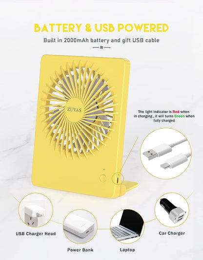 Zuvas Desk Fan Battery Operated Fan Rechargeable 180°Tilt Folding Personal Fan Ultra Quiet Small Portable 3 Speed Adjustable Strong Wind Fan For Office Bedroom Home Desktop Camping (White)