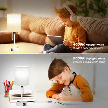 Small Bedside Table lamp for Bedroom - 3 Color Temperatures Bedside Lamps with USB C and A Ports, Pull Chain Table Lamps with AC Outlet, White Nightstand Lamps with Black Metal Base for Kids Reading