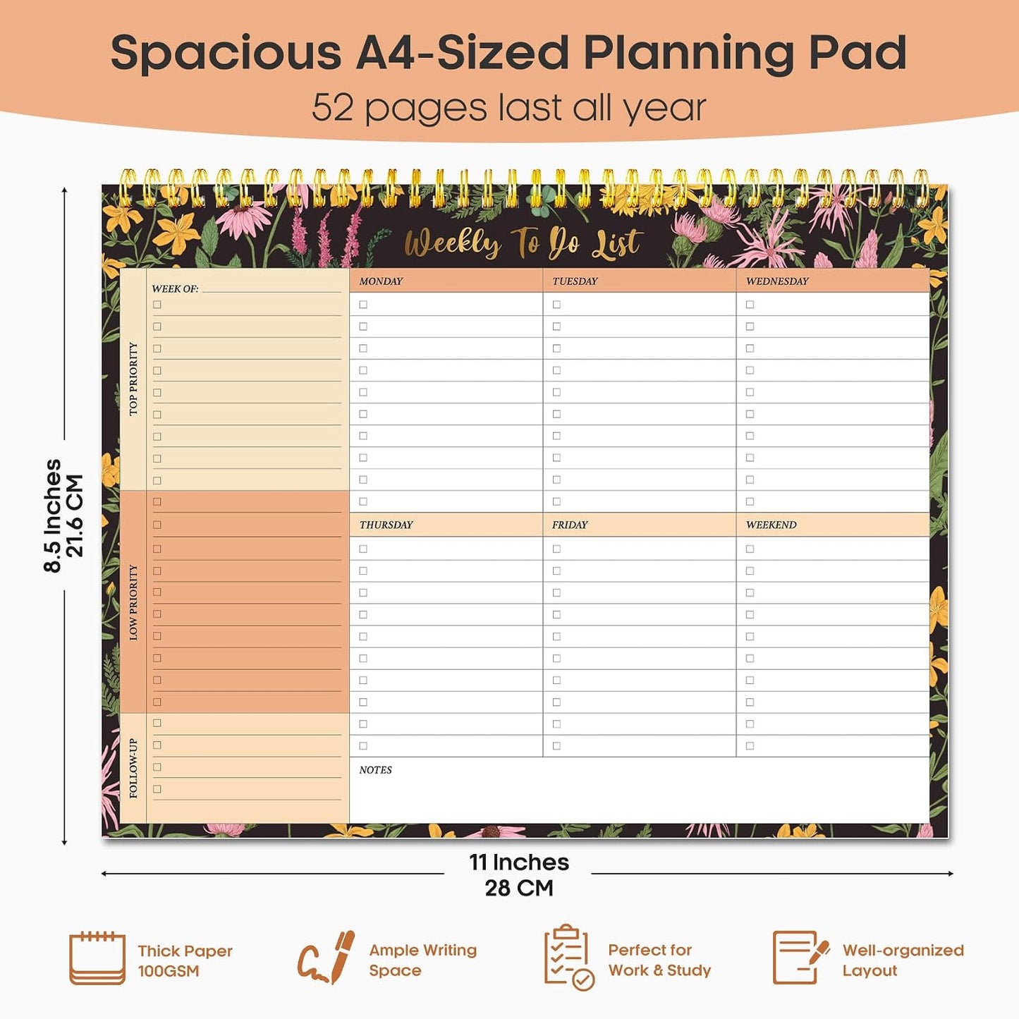 Taja Weekly To Do List Notepad with 52 Undated Sheets（8.5"×11"）- Weekly Desk Planner for Women & Man, Work and Home -1 Pack Violet Dream