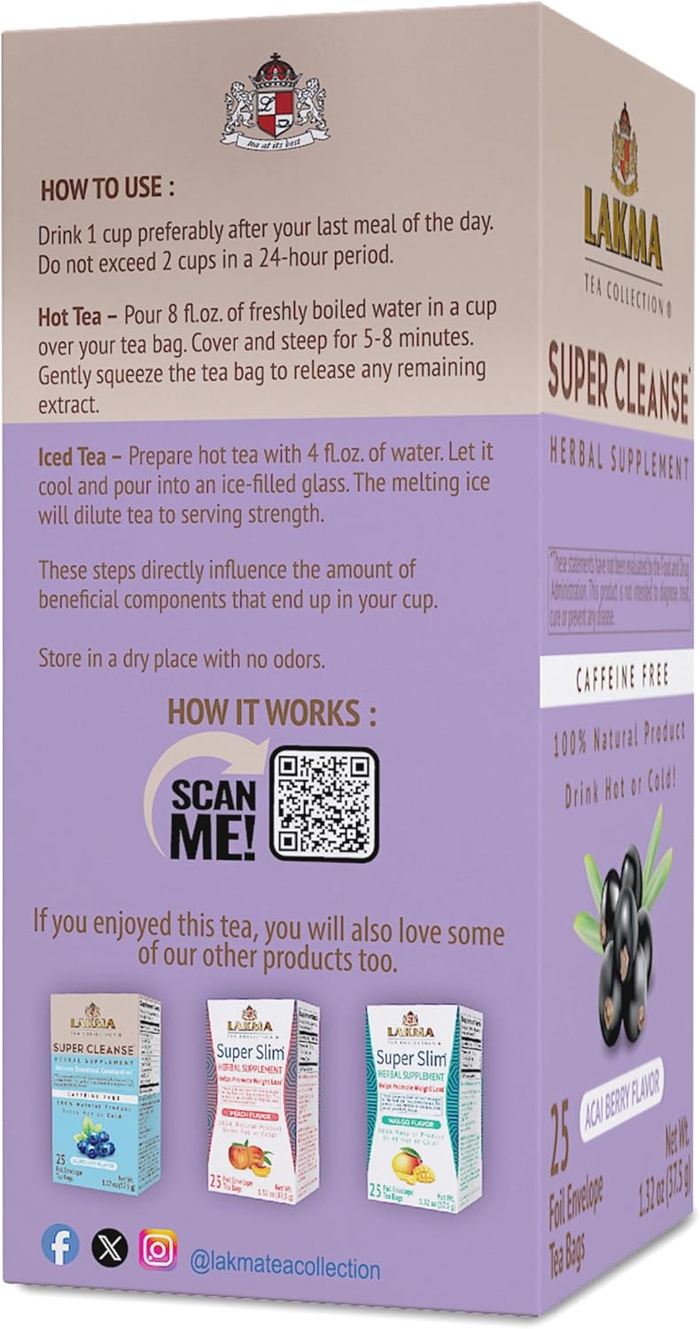Lakma Super Cleanse Tea with Acai Berry, 100% Natural, Vegan, 25 Tea Bags