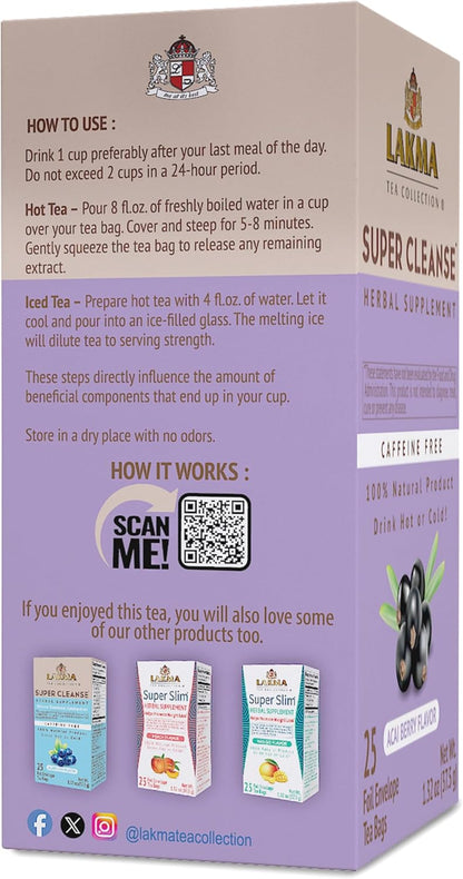 Lakma Super Cleanse Tea with Acai Berry, 100% Natural, Vegan, 25 Tea Bags