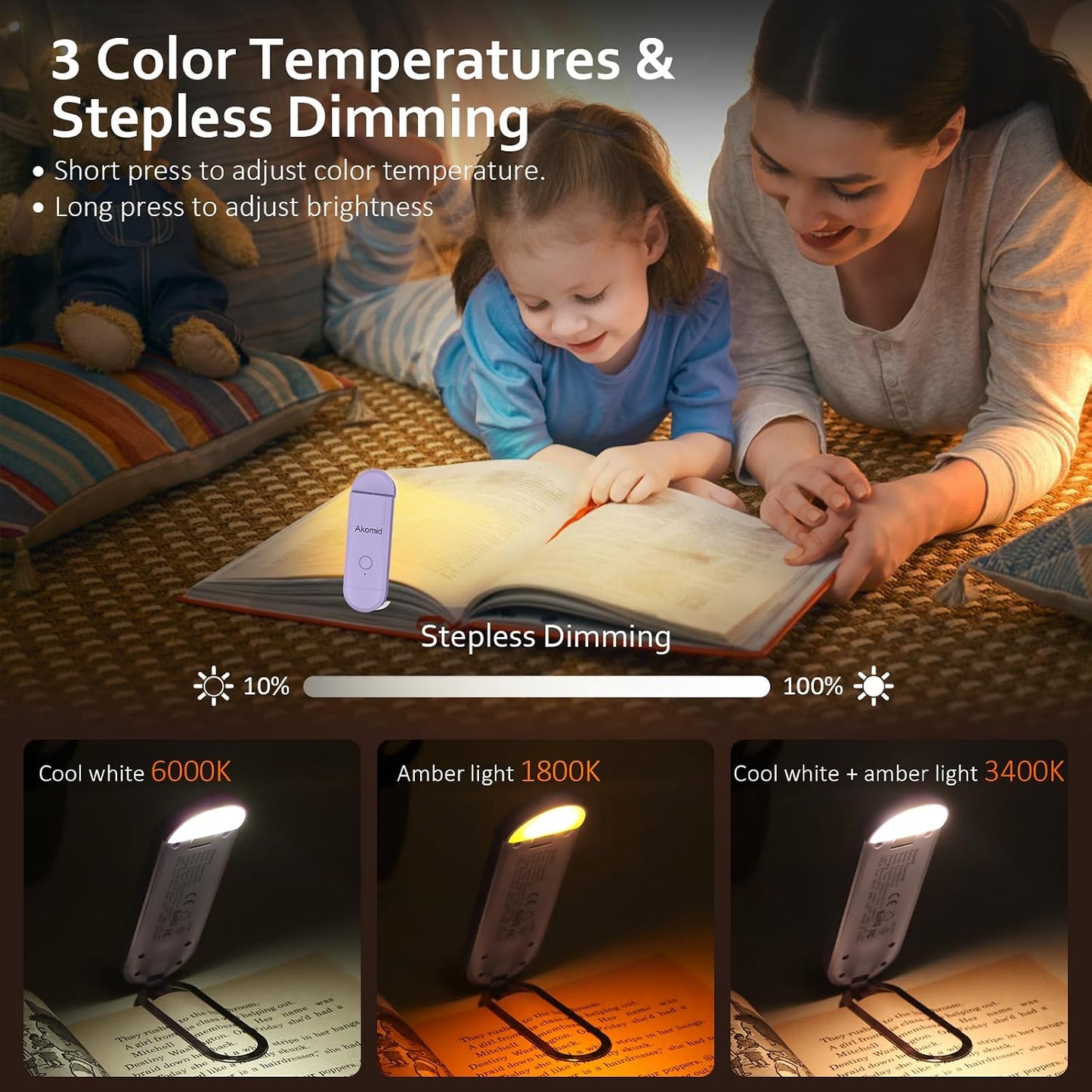 Akomid USB Rechargeable Book Light for Reading in Bed, 8 LEDs Bookmark Style Clip on, Eye-Cared Amber Light Mode for Kids, Blue Light Blocking, Stepless Dimming,Khaki