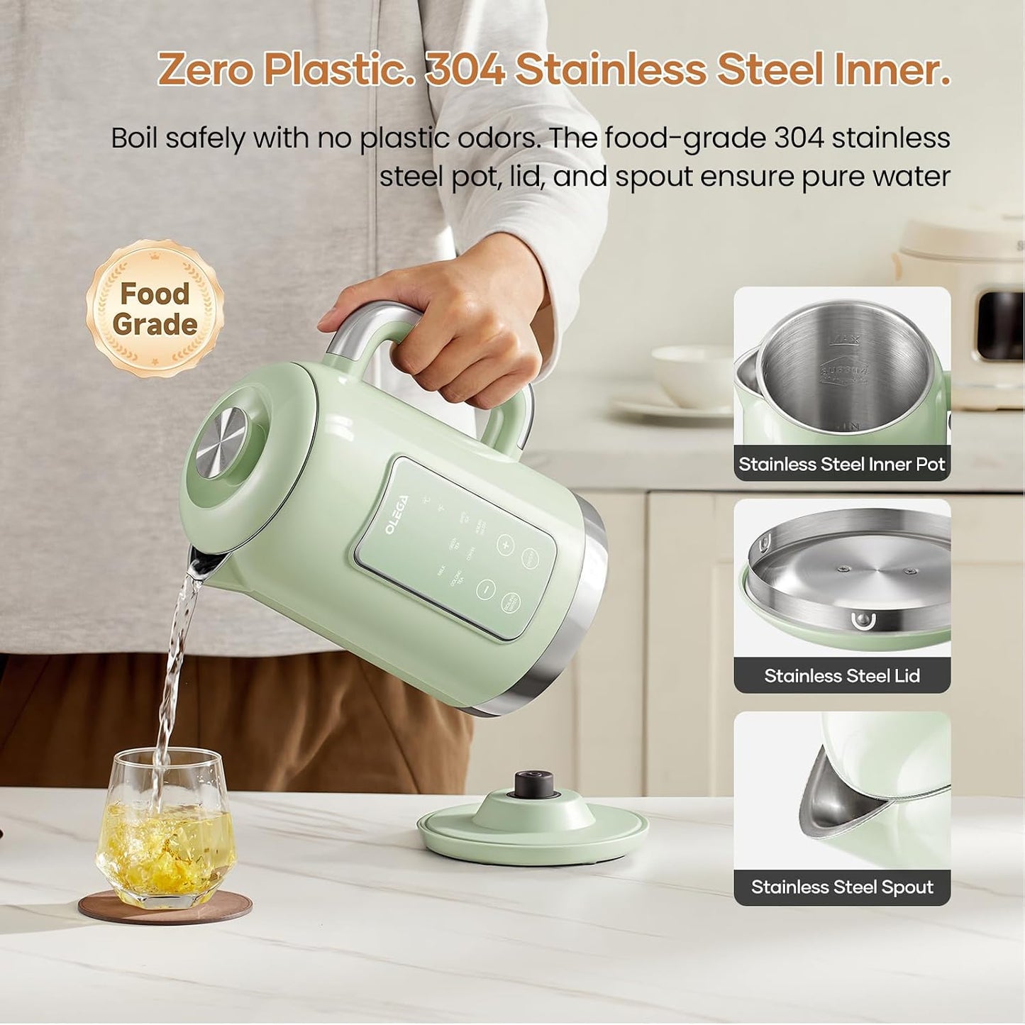 Electric Kettle Temperature Control: OLEGA 1.5L Stainless Steel Smart Kettle Hot Water Boiler, 6 Temp Presets, 1200W Fast Boiling Electric Tea & Coffee Kettle, Electric Kettles Teapot for Home -Green