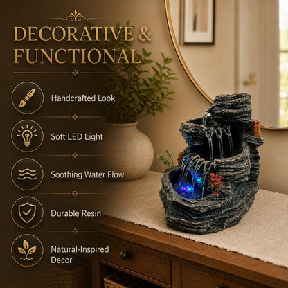 Indoor Tabletop Water Fountain with LED Light, Resin Rock-Look Waterfall Decor, Feng Shui Inspired Zen Fountain for Desk, Office, Bedroom, Living Room & Meditation Space (9" Cascading Rock)