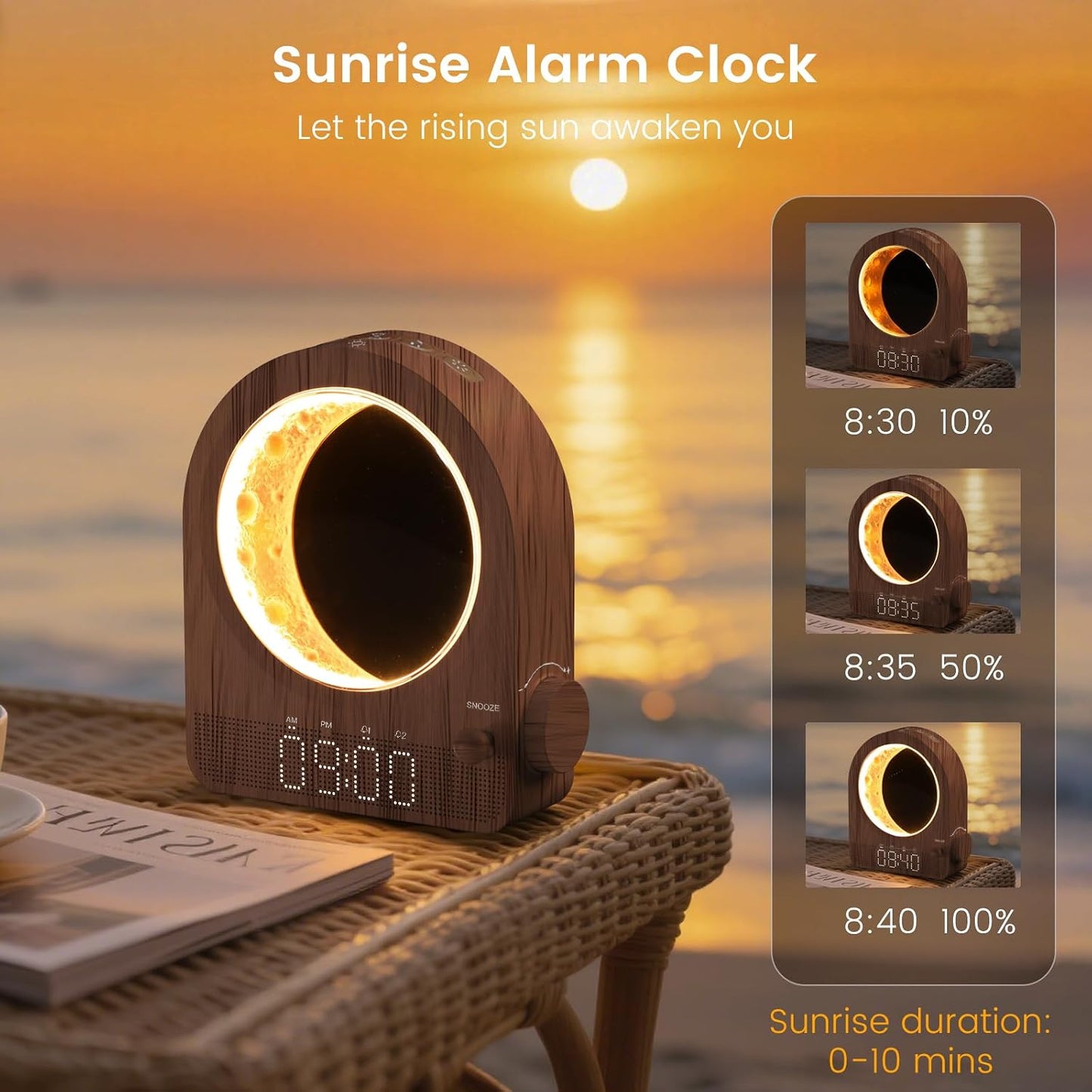 Sunrise Alarm Clock, White Noise Machine & Meteor Moonlight - 10 Soothing Sounds, Dual Alarms, 30/60/90min Timer, Easy Snooze - Bedroom Gift for Insomnia Adults/Women - Wood Grain