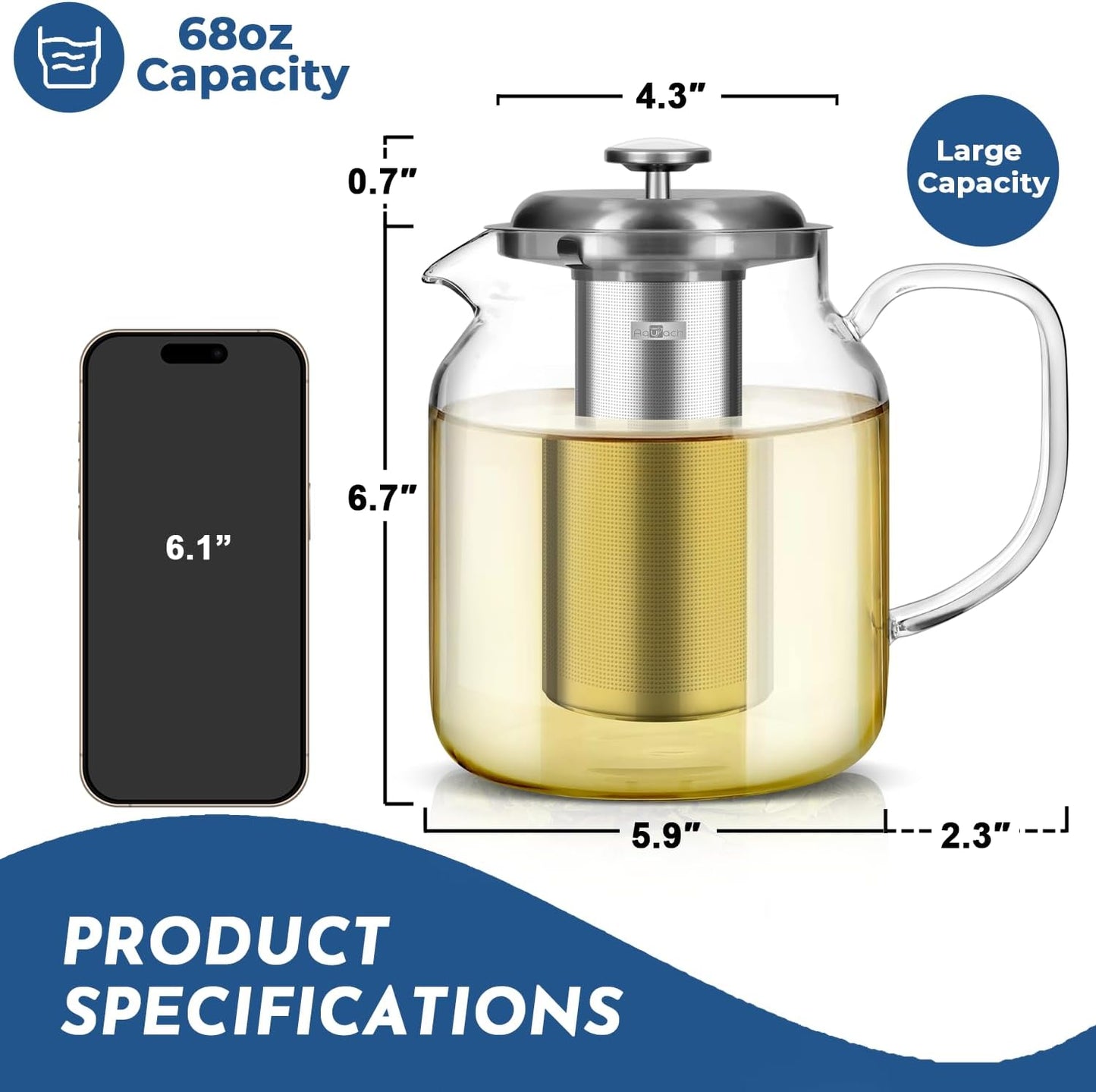 Aquach 51oz Glass Teapot with Infuser, Stovetop Safe Borosilicate Tea Pot | Dishwasher Safe, Plastic-free, Precise Loose Leaf Filter, Easy-clean Opening, Sharing Capacity