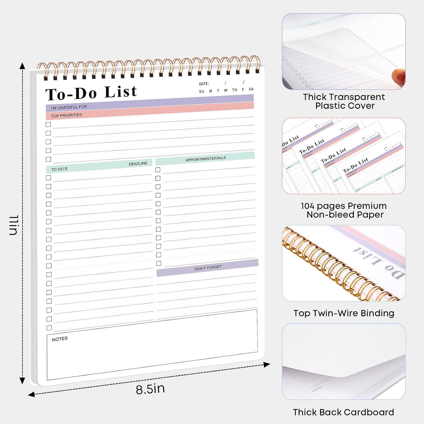 To Do List Notepad，Daily To Do List Notebook, (8.5"x 11") Spiral Bound Undated Daily Planning Pad with Checklist, Suitable for Office, Home and School