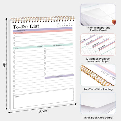 To Do List Notepad，Daily To Do List Notebook, (8.5"x 11") Spiral Bound Undated Daily Planning Pad with Checklist, Suitable for Office, Home and School