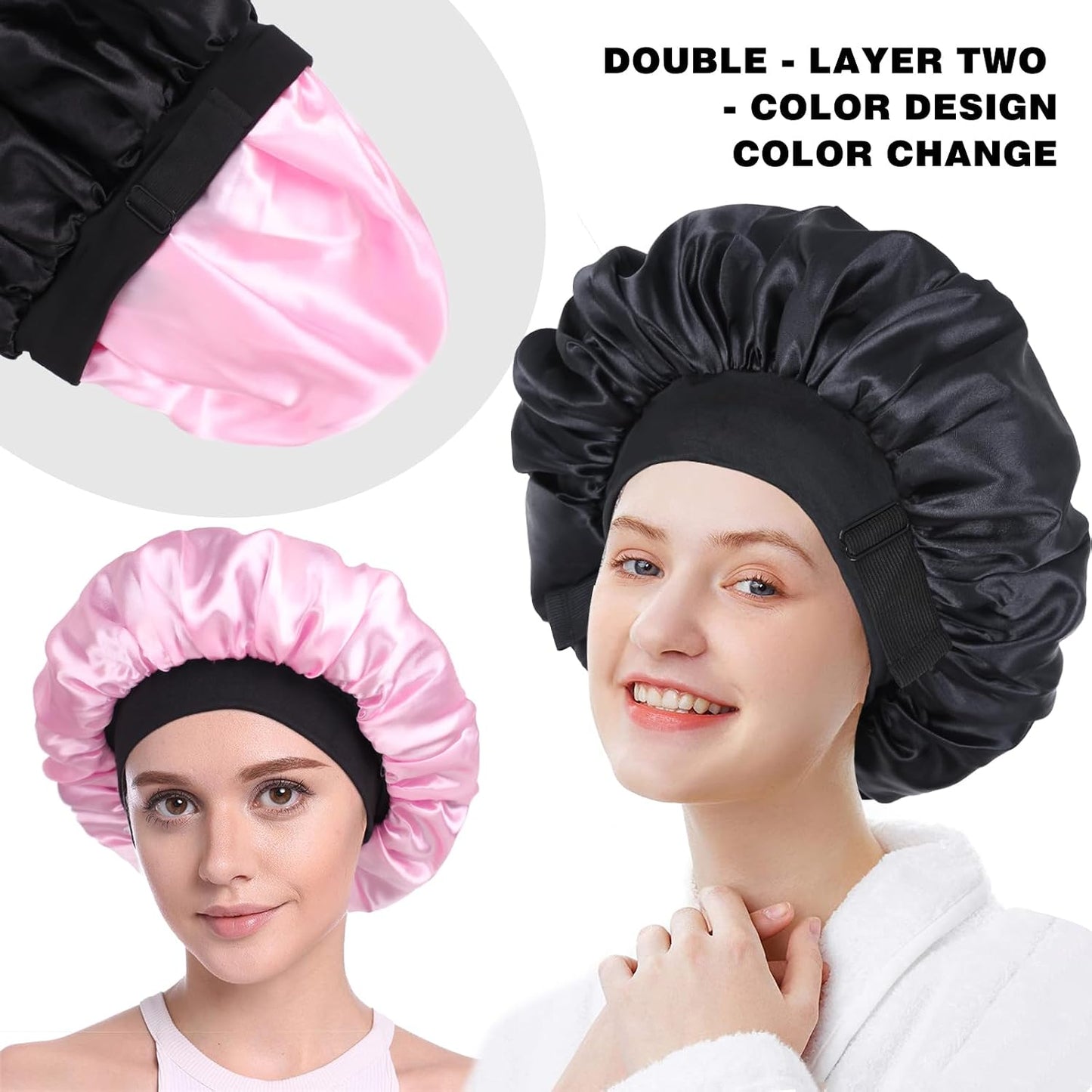 Silk Bonnet for Sleeping Double Layer Satin Bonnet Adjustable Bonnets for Black Women Sleep Cap Reversible Hair Bonnet for Curly Hair (Black and Purple)